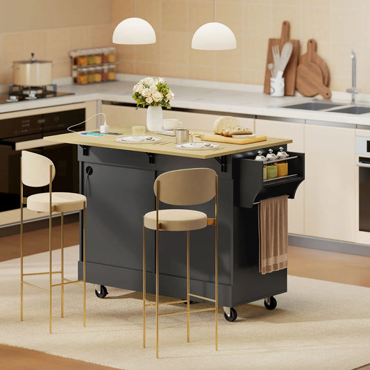 Kitchen Island Cart with Charging Station, Drop Leaf, Black Kitchen Islands & Kitchen Carts Black, Natural at Gallery Canada