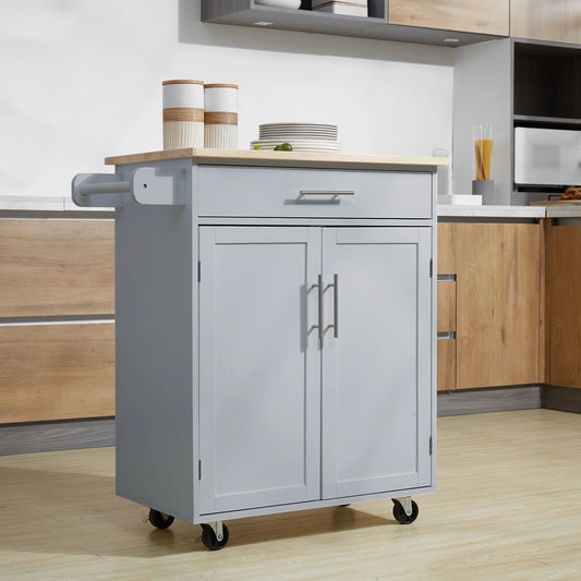 Rolling Kitchen Island Cart, Wood Top, Storage Drawer, Towel Bar, Shelves, Grey Kitchen Islands & Kitchen Carts Grey, Wood Grain Top at Gallery Canada