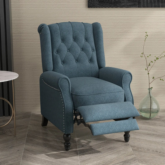 Wingback Reclining Chair with Footrest, Button Tufted, Blue Single Sofas Blue at Gallery Canada
