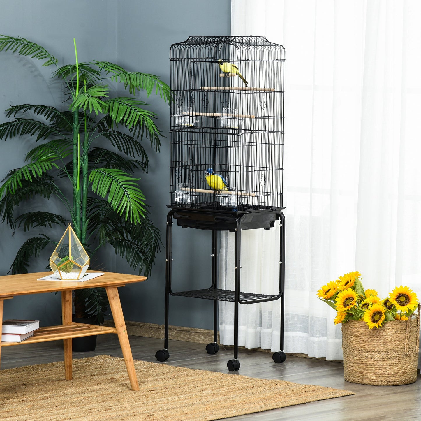 62" Rolling Bird Cage Cockatoo House Play Top Finch Pet Supply with Storage Shelf, Wheels - Black at Gallery Canada