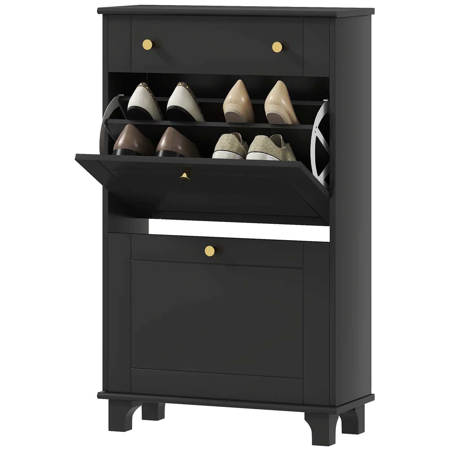 Slim Shoe Storage, 2 Flip Drawers, Adjustable Shelves, 8 Pair, Black