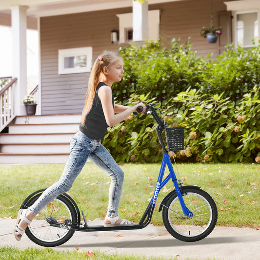 Kids Kick Scooter, Adjustable Handlebar, 2 Brakes, Basket, Cupholder, 16" Inflatable Tyres, Blue Scooters Blue, Black at Gallery Canada