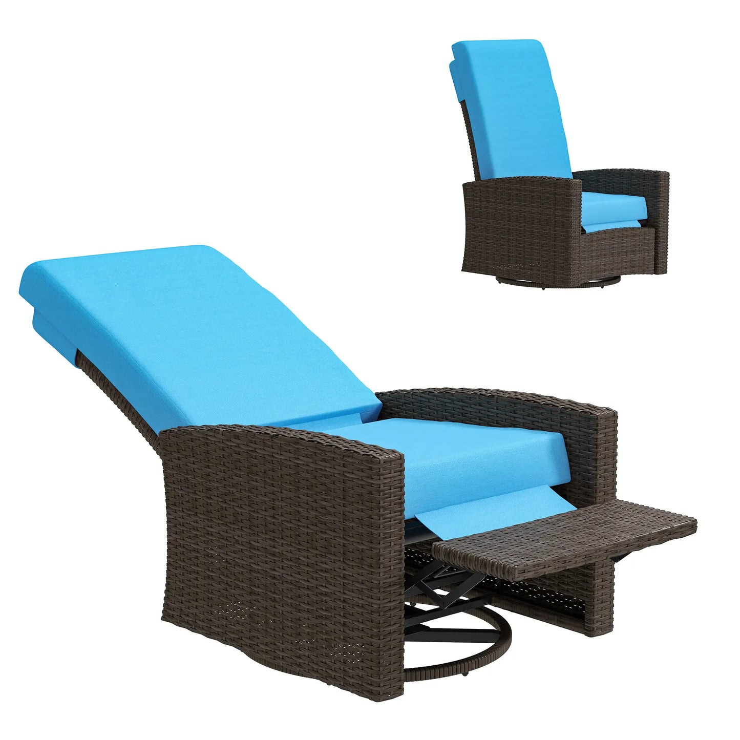 Chaise longue en rotin d'extérieur avec repose-pieds, coussin moelleux, bleu ciel