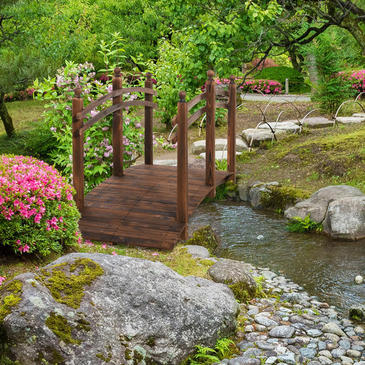 7.5' Fir Wood Garden Bridge, Arc Walkway With Side Railings, Tan Garden Bridges Stained Wood at Gallery Canada