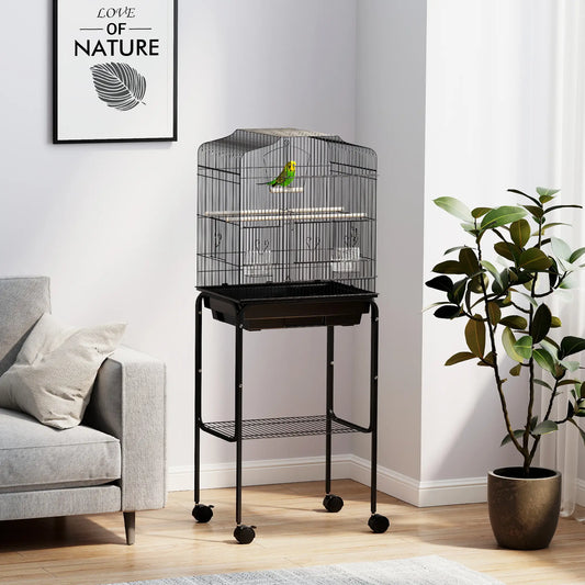 49" Rolling Bird Cage, Cockatoo House, Play Top, Storage Shelf, Wheels, Black