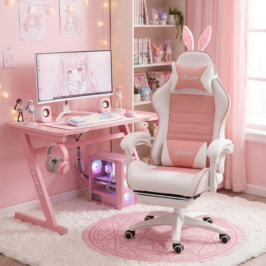 Racing Gamer Chair, PU Leather with Footrest, Headrest, Lumbar Support, Pink Video Game Chairs Pink, White at Gallery Canada