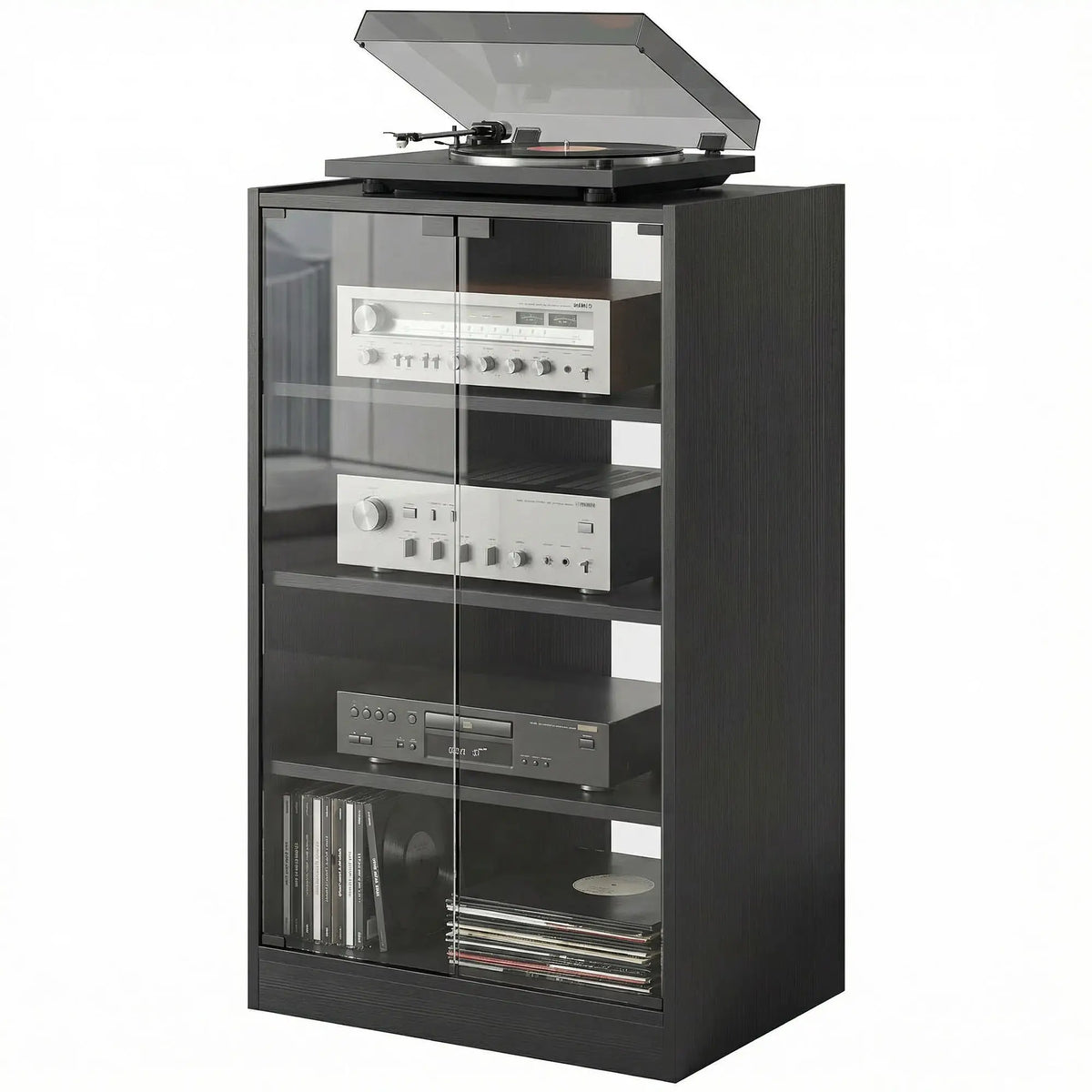 5-Tier AV Media Stand, Push Open Glass Doors, Adjustable Shelves, Distressed, Black Storage Cabinets at Gallery Canada