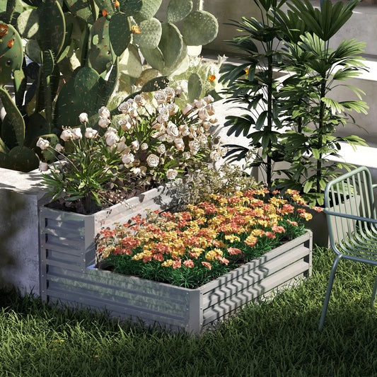 2 Tier Galvanized Raised Garden Bed, Steel Planter Box, 47" x 40" x 23", Silver Galvanized Planter Boxes Silver at Gallery Canada