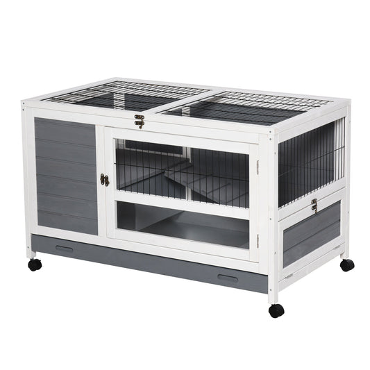Wooden Rabbit Hutch Pet House Elevated Bunny Cage Small Animal Habitat with Slide-out Tray Lockable Door Openable Top for Indoor 40.25" x 23.5" x 25" Grey - Gallery Canada