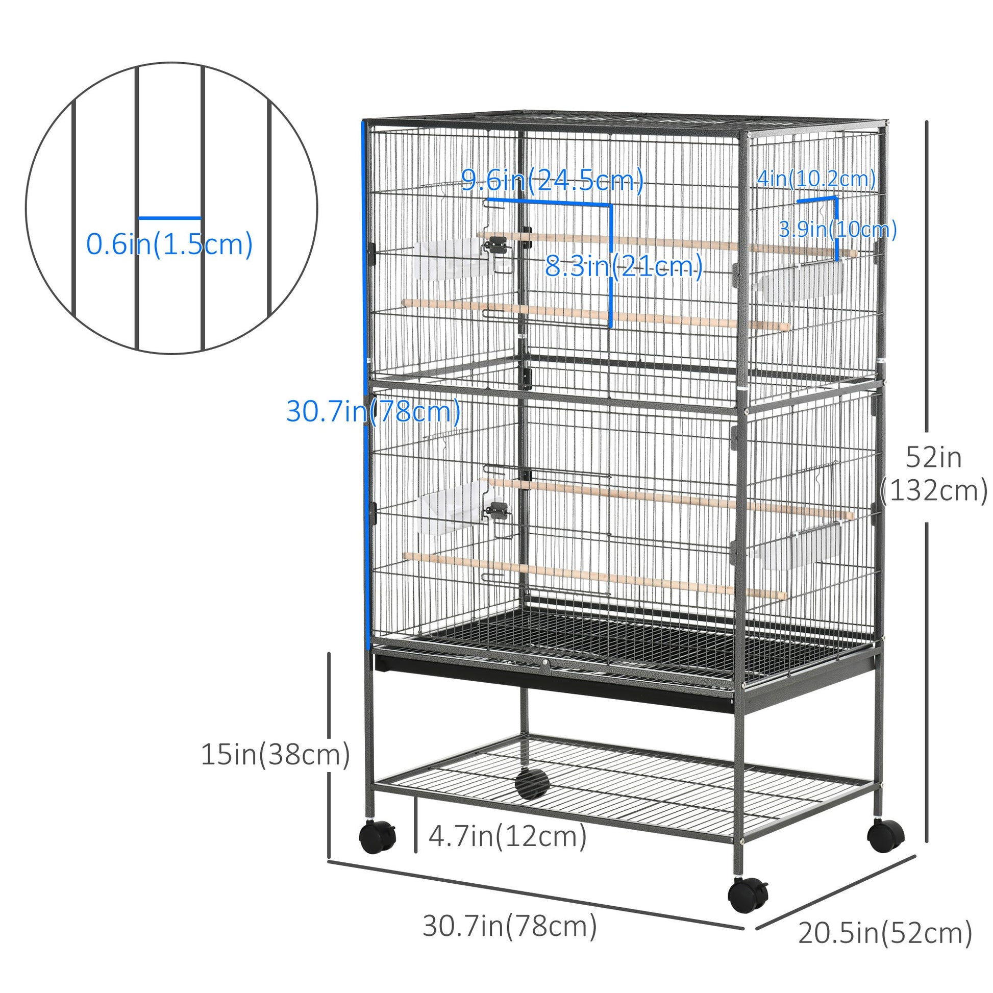 52'' Large Rolling Steel Bird Cage Bird House with Rolling Stand, Storage Shelf, Wood Perch, Food Container, Dark Grey at Gallery Canada