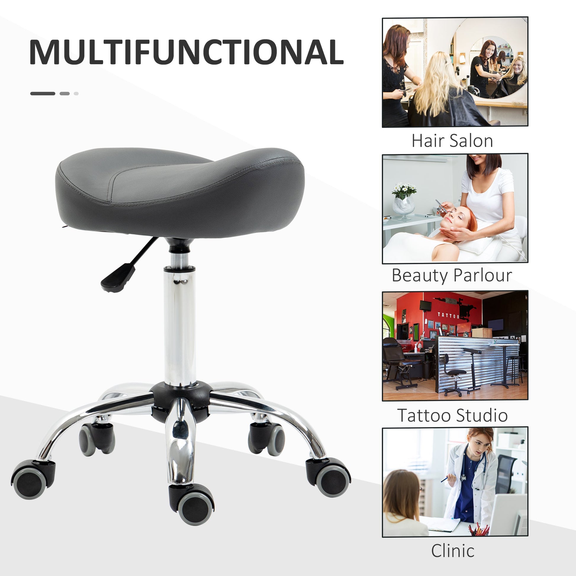 Saddle Stool, Height Adjustable Rolling Salon Chair with PU Leather for Massage, Spa, Clinic, Beauty and Tattoo, Grey at Gallery Canada