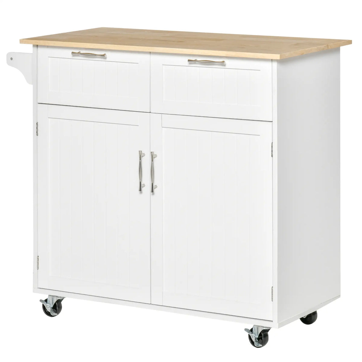Rolling Kitchen Island with Drawers, Rubber Wood Top, Cabinet, White