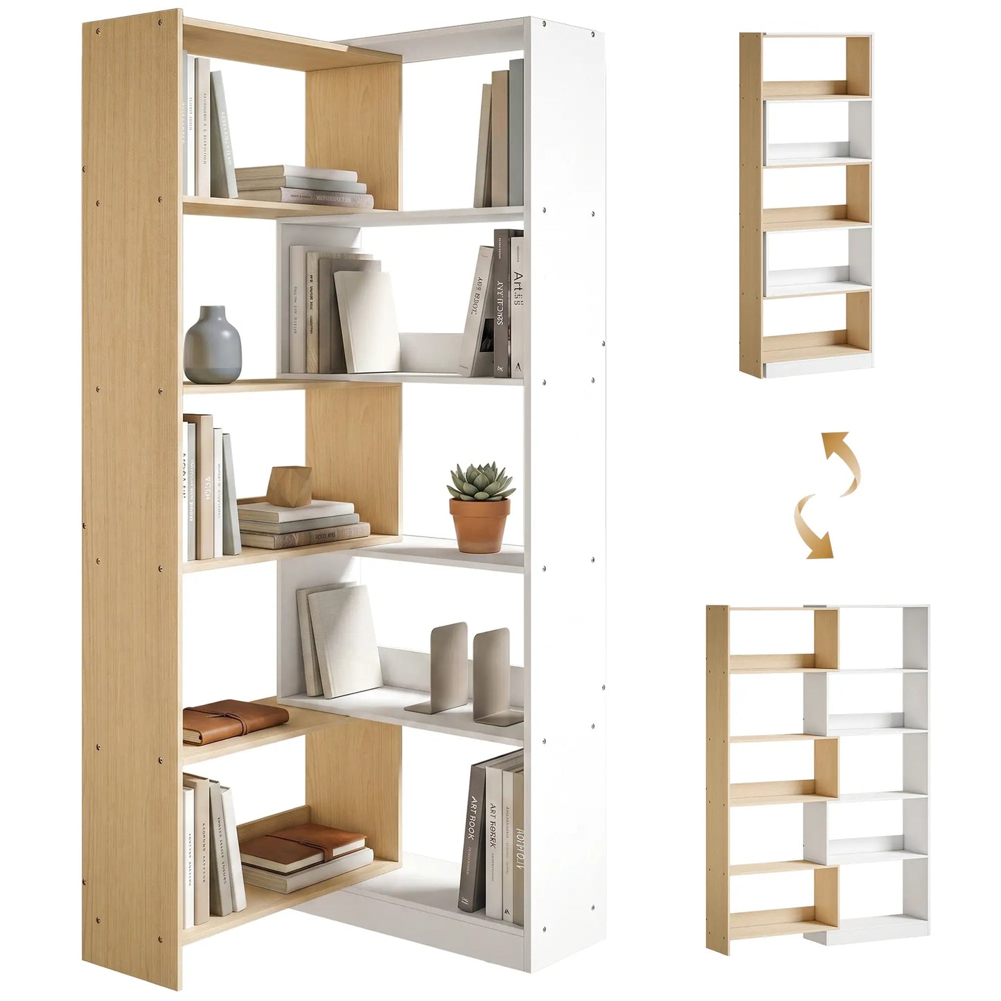 Corner Bookshelf, 5-Tier L-Shaped Bookcase with 350° Rotating Design, Two-Tone Design, Fruitwood/White Display Bookshelves at Gallery Canada