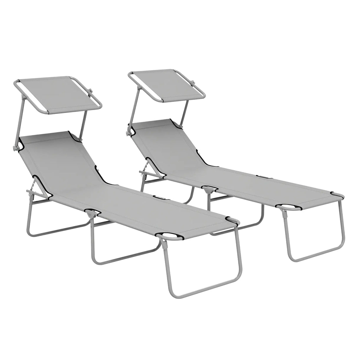 Outdoor Lounge Chair, Adjustable Folding Chaise With Sun Shade, Light Grey