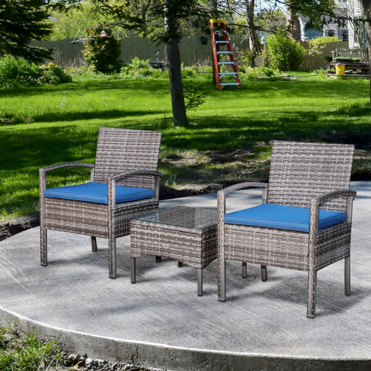 3-Piece Wicker Patio Set, Rattan Bistro with Coffee Table, Cushions, Blue Bistro Sets Blue at Gallery Canada