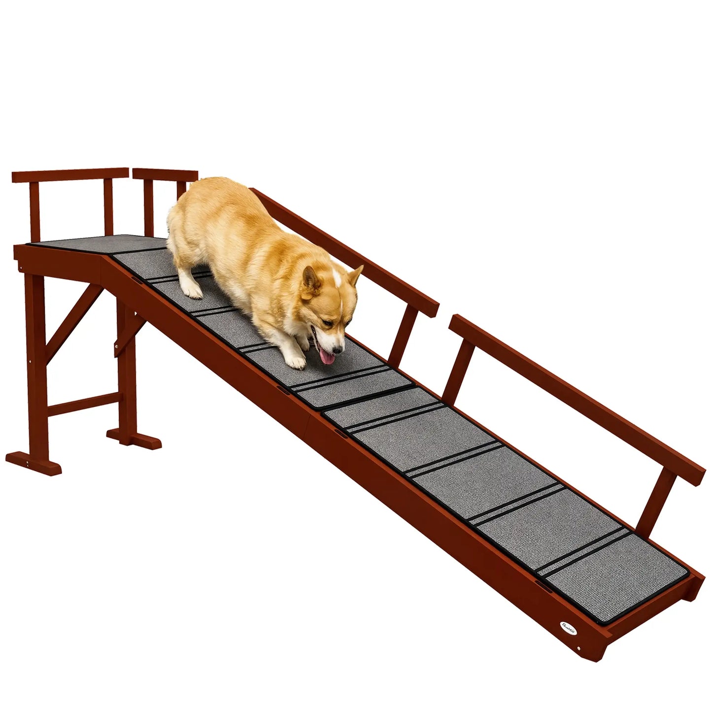 Wooden Dog Ramp, 73" Long, Non-Slip Rug, Removable Guardrails, Brown Dog Stairs at Gallery Canada