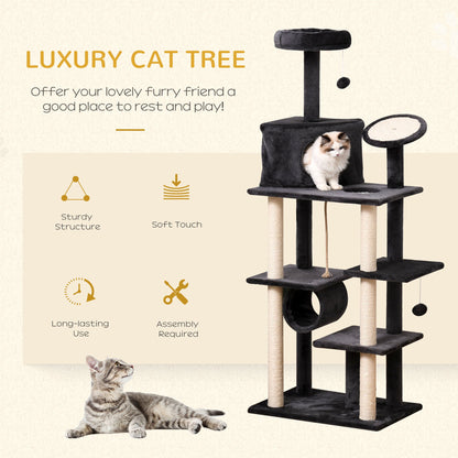 67.75" Cat tree Tower Climbing Kitten Activity Center Furniture with Jute Scratching Post Pad Condo Perch Hanging Balls Tunnel Teasing Rope Dark Grey at Gallery Canada