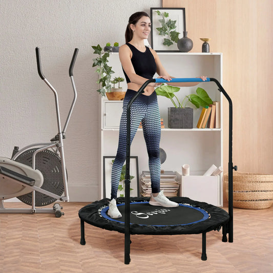 Mini trampoline de fitness pliable 40", poignée en mousse réglable, bleu
