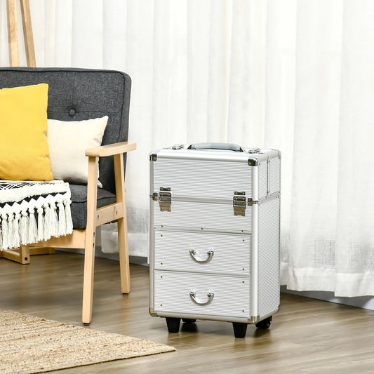 Aluminum Rolling Makeup Train Case, Portable Cosmetic Case, Lockable with Wheels, Silver Makeup Cases Silver at Gallery Canada