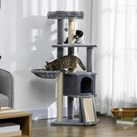 Arbre à chat de 50 pouces, Tour multi-niveaux avec poteaux en sisal, Rampe, Lit, Condo, Hamac, Balle de jeu, Gris