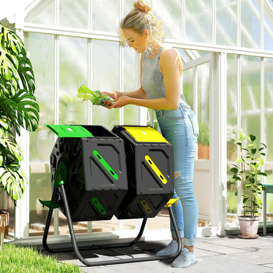 Rotating Composter, Dual Chamber, 34.5 Gallon, Yellow and Green Garden Accessories Black, Yellow and Green at Gallery Canada