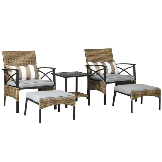5 Piece PE Rattan Garden Furniture Set, 2 Armchairs,2 Stools, Steel Tabletop with Wicker Shelf, Padded Outdoor Seating, Khaki - Gallery Canada