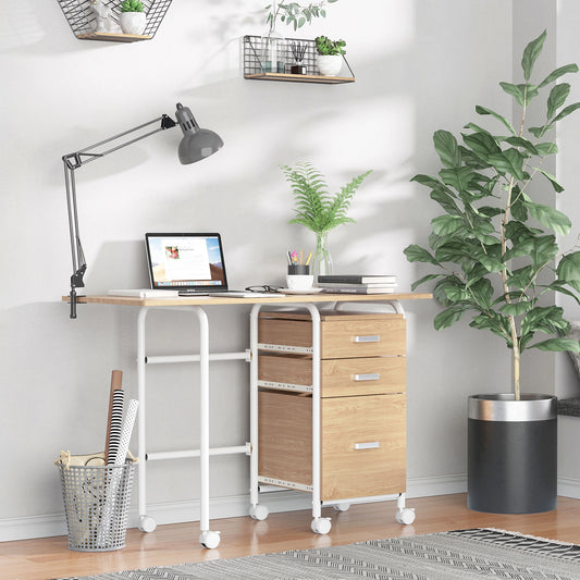 Foldable Computer Desk With Drawers, Storage Shelf, 6 Wheels, Natural Writing Desks Natural at Gallery Canada