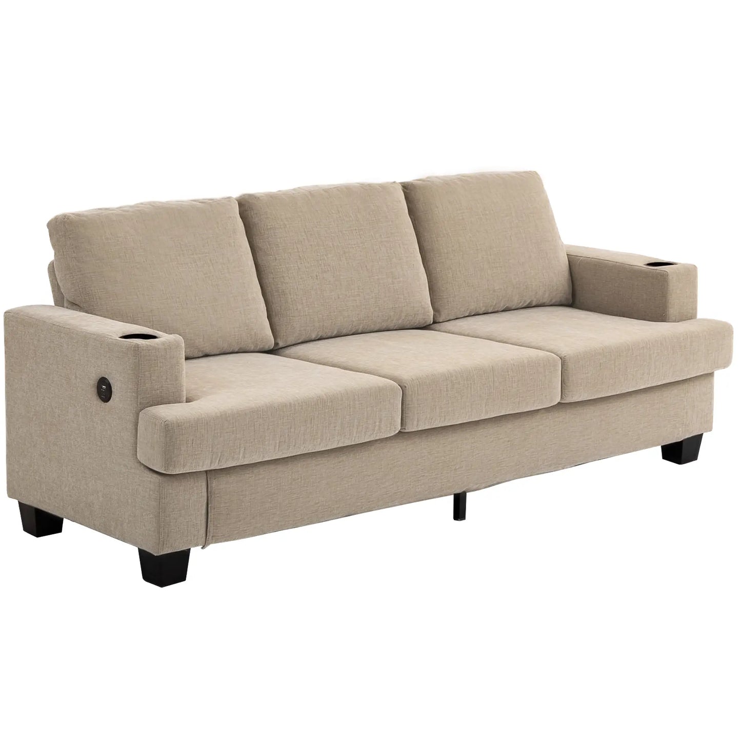 3 Seater Sofa with USB Ports, Cup Holders, Chenille Upholstery, Light Brown 3-Seater Sofas at Gallery Canada