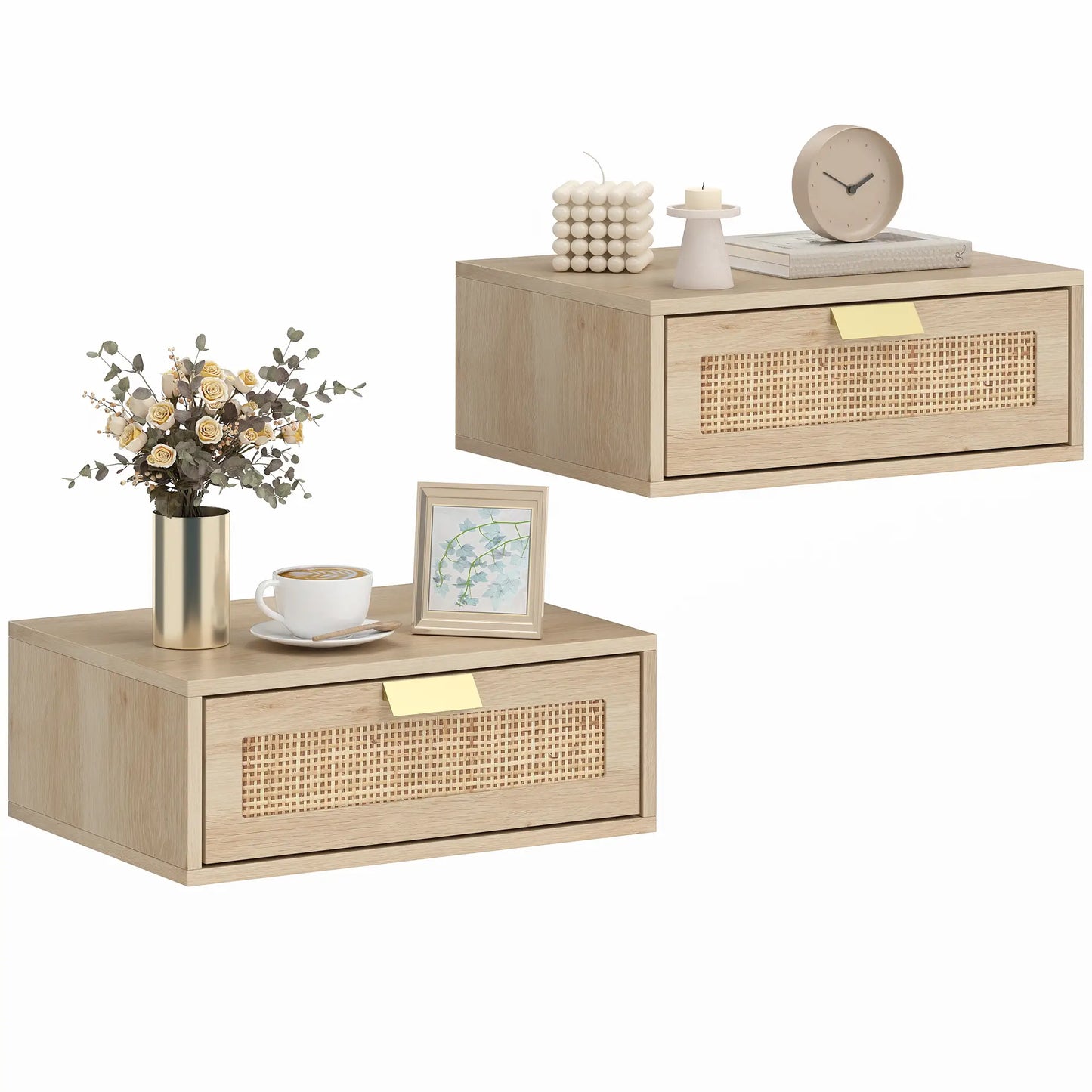 Floating Bedside Tables Set Of 2, Wall Mounted Nightstands, Rattan Drawer, Wood Effect, Oak