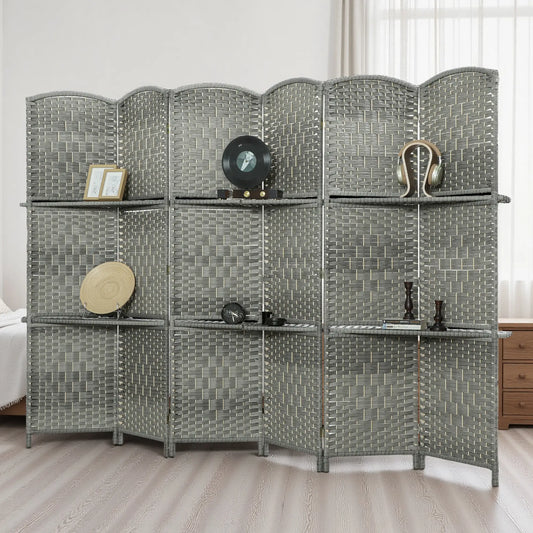 6 FT Privacy Screen, 6 Panel Room Divider With Shelves, Grey