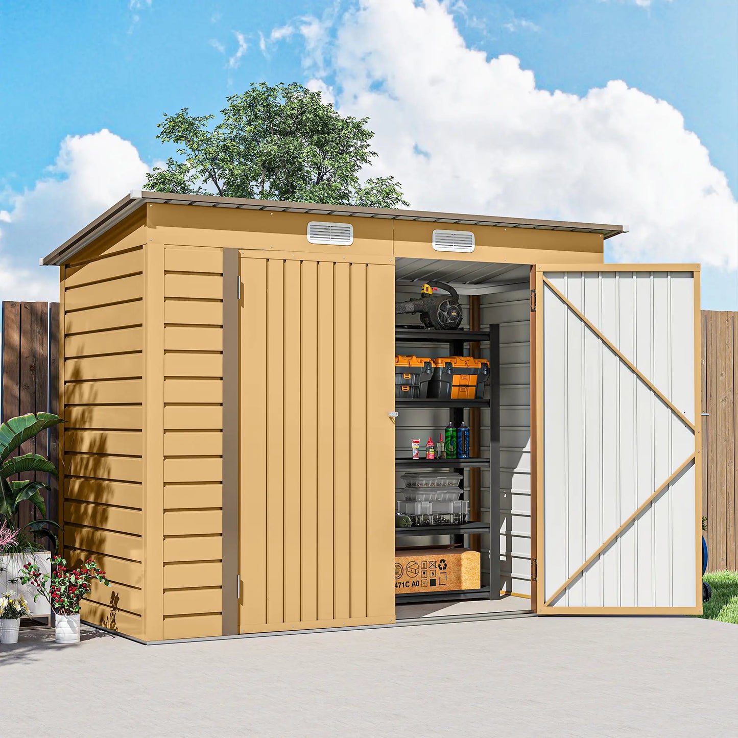 8 x 4FT Galvanized Metal Garden Storage Shed, Double Doors, 2 Vents, Yellow Sheds at Gallery Canada