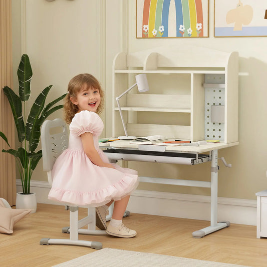 Kids Desk, Height Adjustable, Tilted Desktop, Storage, Drawer, Pegboard, 3-12 Years Kids Desk Sets Natural, White, Grey at Gallery Canada