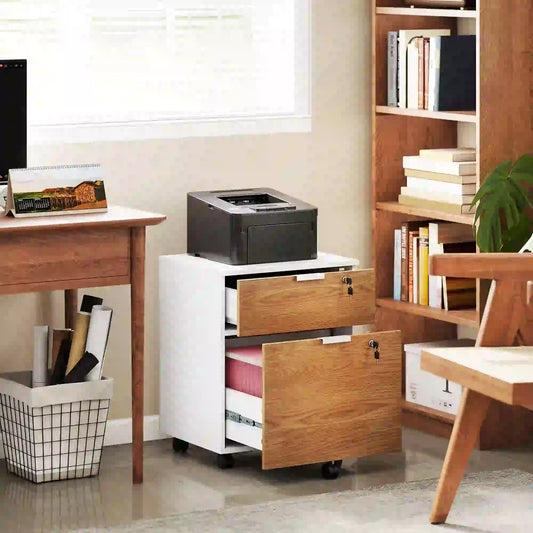 2 Drawer Small Filing Cabinet, Lockable, Office Storage, Nature Wood, White Office Cabinets & Cupboards White, Nature Wood at Gallery Canada