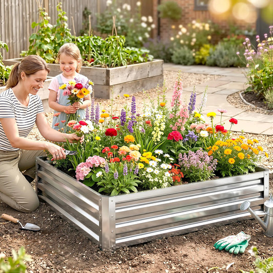 4' x 4' x 1' Galvanized Steel Raised Garden Bed, Vegetables, Flowers, Herbs, Silver Raised Garden Beds Silver at Gallery Canada