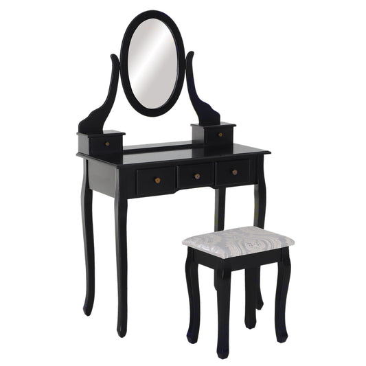 Wooden Vanity Table Set, Makeup Dressing Table with 360° Rotating Oval Mirror, 5 Drawers and Padded Stool for Bedroom, Black at Gallery Canada
