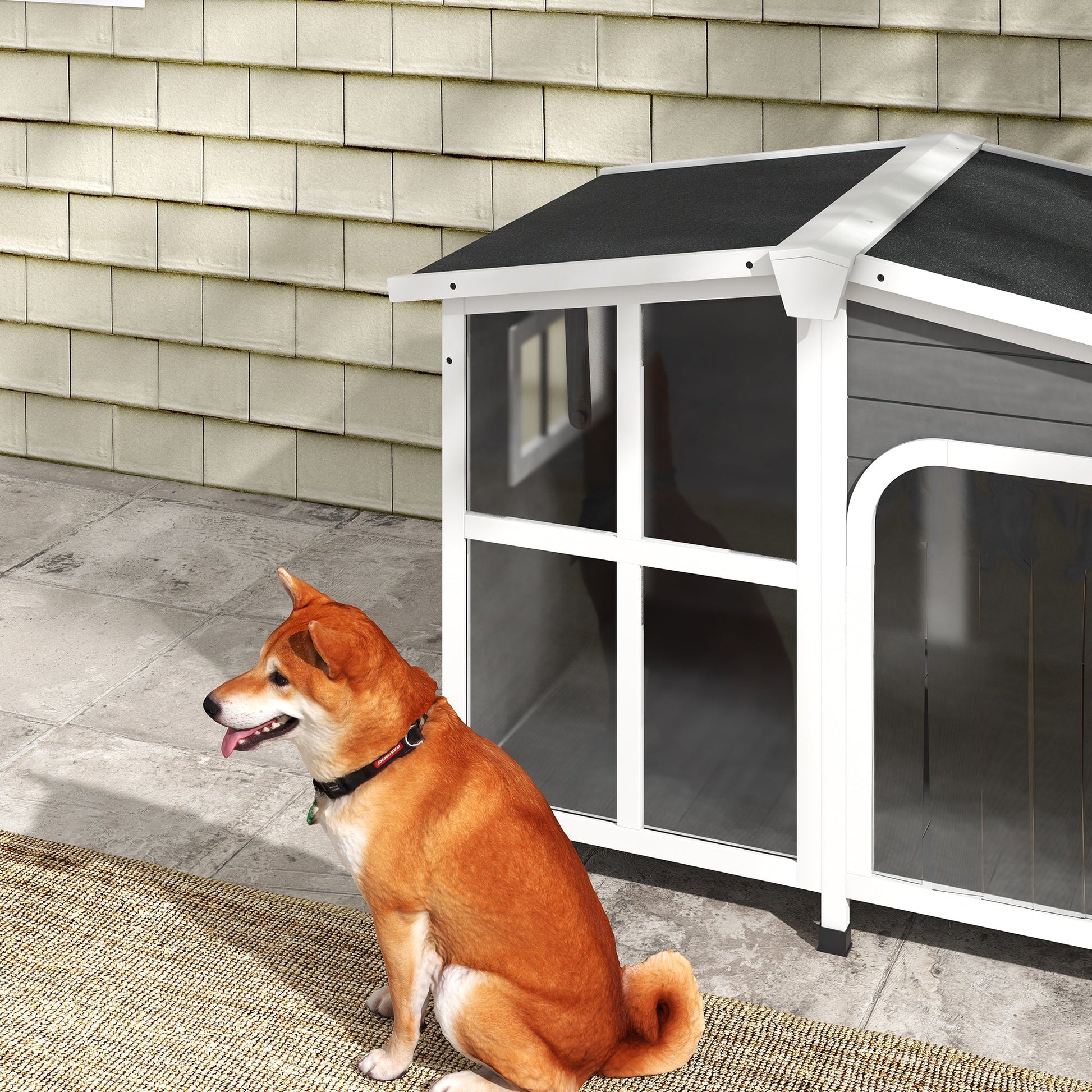 Wooden Dog House Outdoor with Removable Bottom, Cabin Style Raised Pet Kennel, with Openable Asphalt Roof, Door Curtain, Side Windows for Large Sized Dog, 88 Lbs., Dark Gray at Gallery Canada
