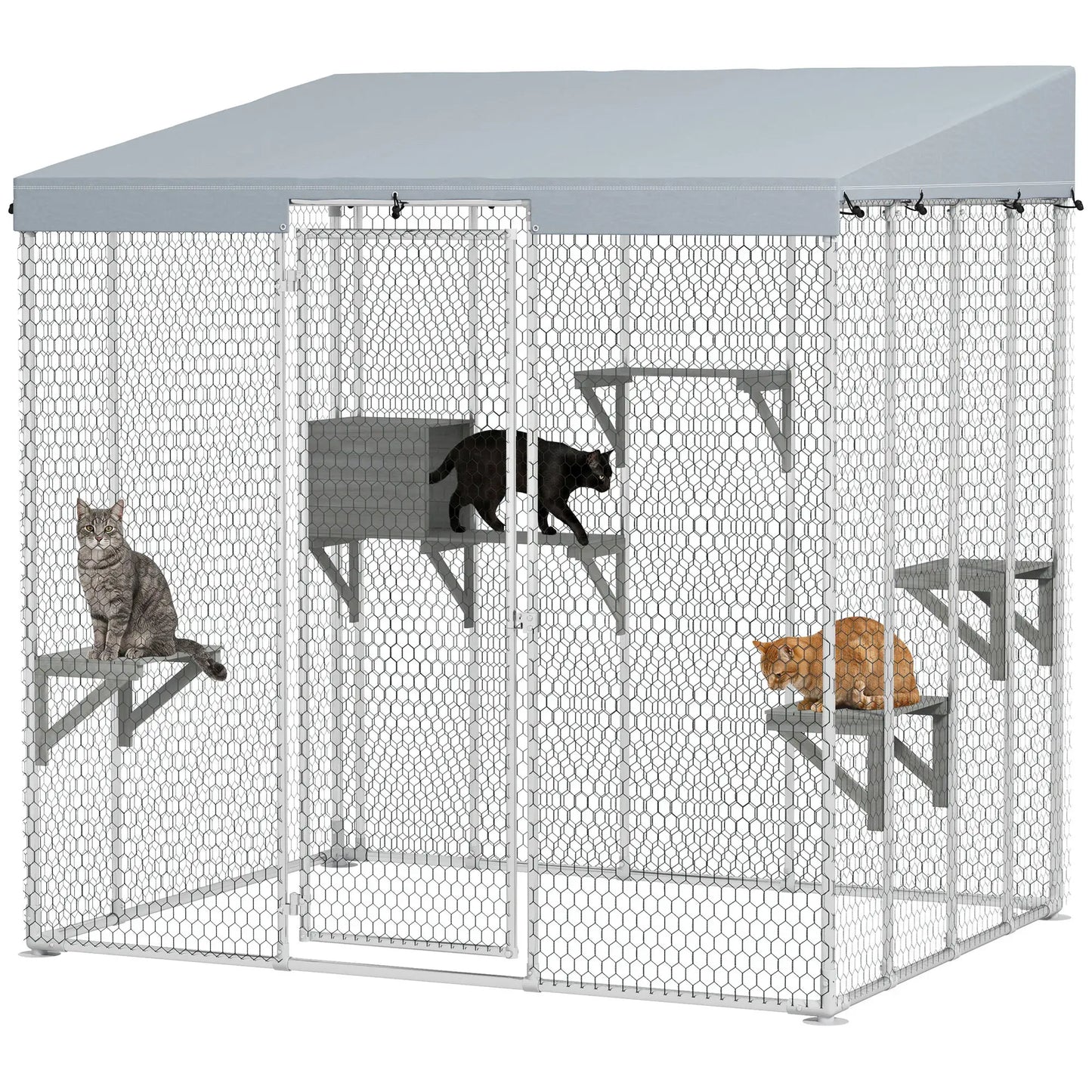 79" L Galvanized Steel Catio, Outdoor Cat Enclosure, 420D Waterproof Canopy, Multiple Platforms, Resting Condo, Silver Outdoor Cat Enclosures at Gallery Canada