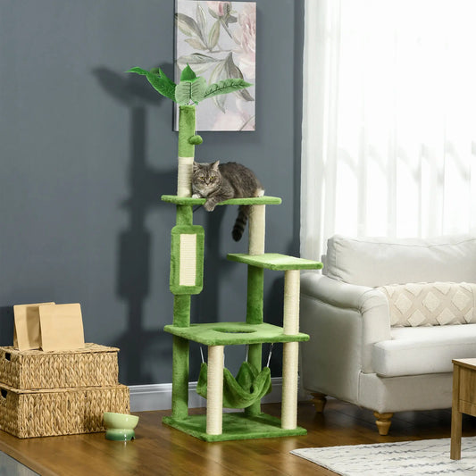 56" Cat Tree for Large Cats, Hammock, Scratching Post, Platforms, Play Ball, Green Cat Towers Green, Beige at Gallery Canada