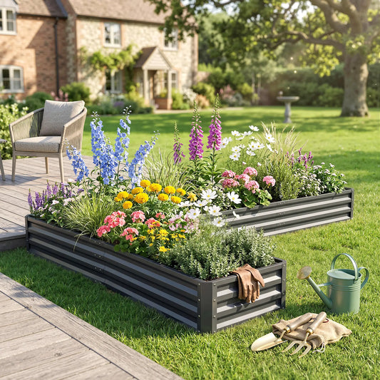 L-Shaped Raised Garden Bed, 82" x 109" x 12", Galvanized Steel, Dark Grey Galvanized Planter Boxes Dark Grey at Gallery Canada