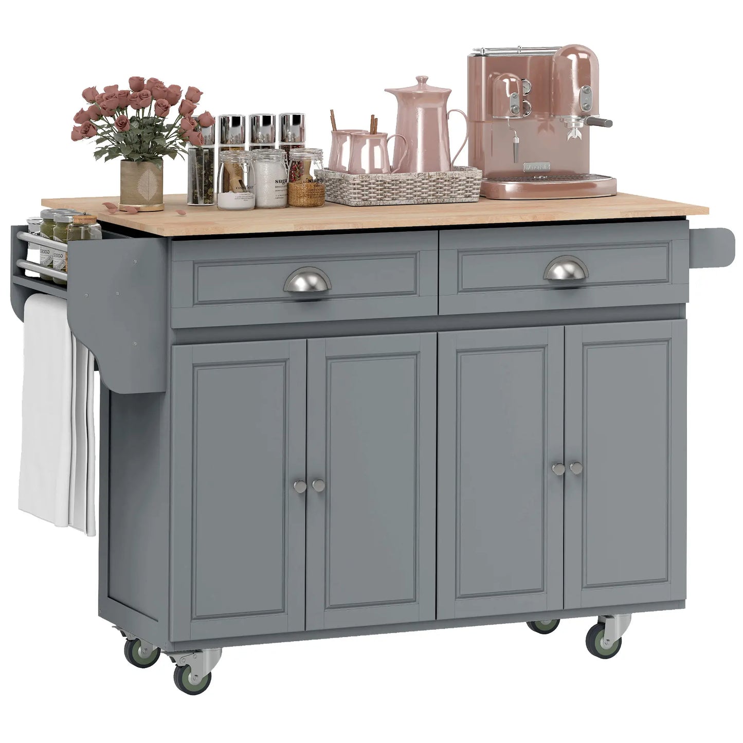 Kitchen Island with Storage, Drop Leaf, Rubber Wood Top, Adjustable Shelves, Grey Kitchen Islands & Kitchen Carts at Gallery Canada