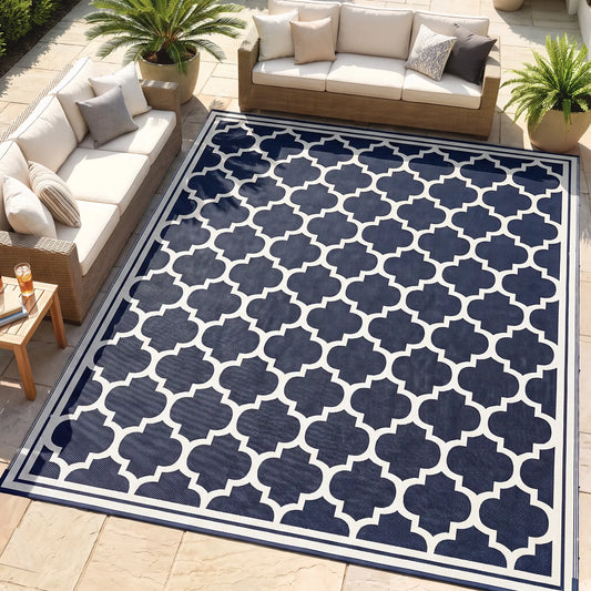 9'x12' Reversible Outdoor RV Rug, Patio Mat, Dark Blue Outdoor Reversible Rugs Dark Blue, White at Gallery Canada