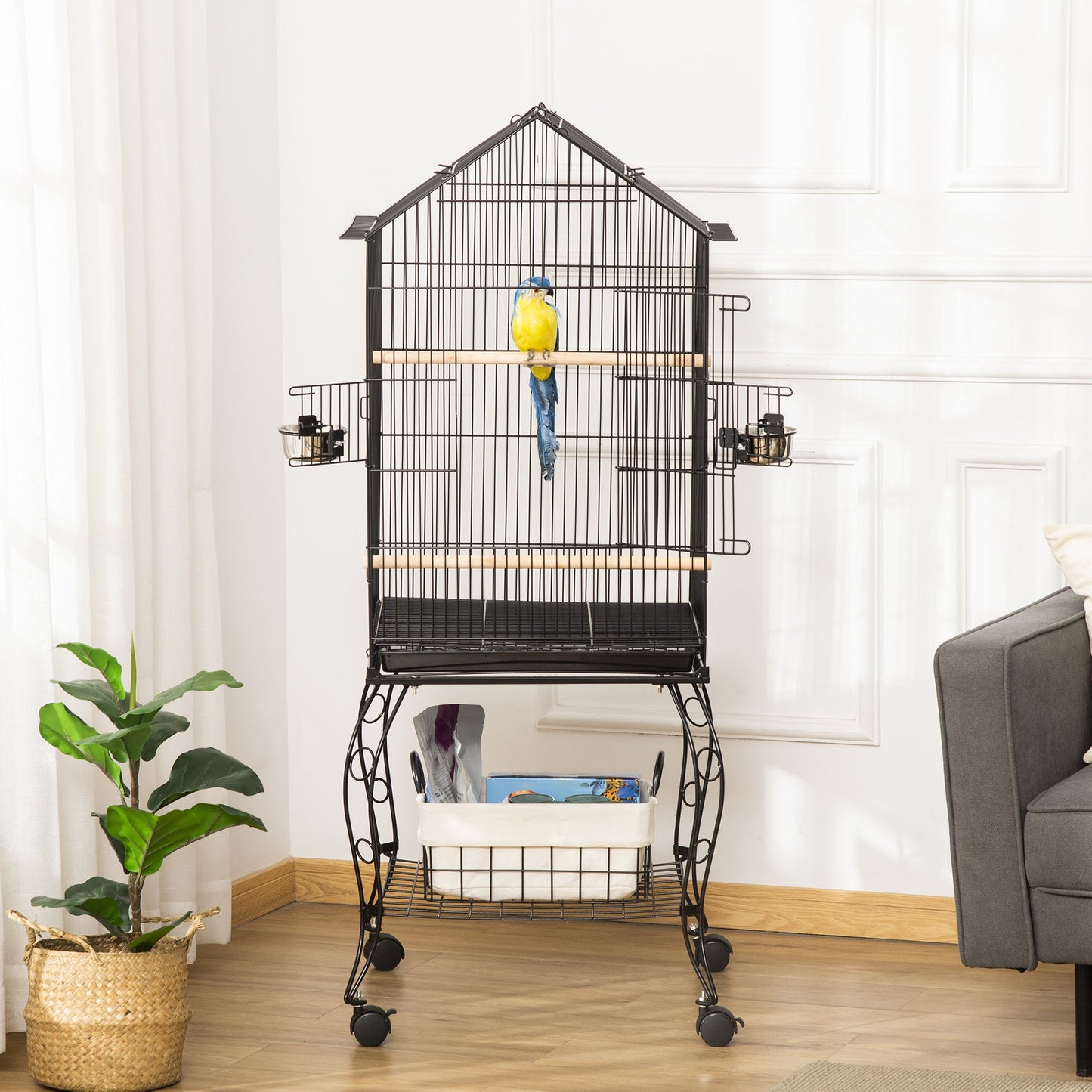 Bird Cage 57 Inch Flight Cage for Finch Canary Budgie with Rolling Stand, Pull Out Tray, Storage Shelf, Open Top Budgerigar w/ Wheels 57" Parrot w/Wheels, Storage at Gallery Canada