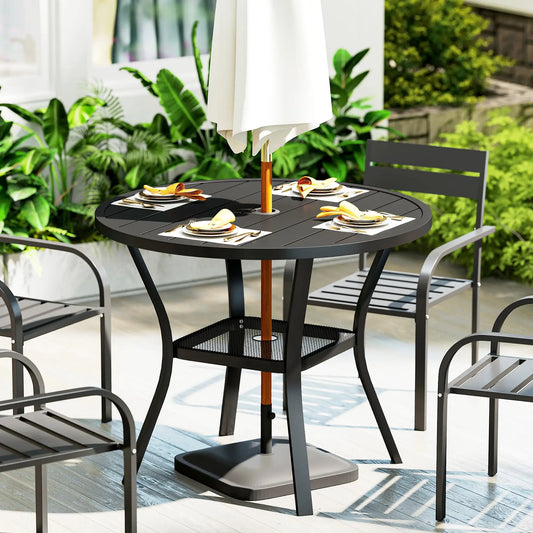 35.5" Round Outdoor Dining Table, Metal Patio Table With Umbrella Hole, Black Patio Dining Tables Black at Gallery Canada