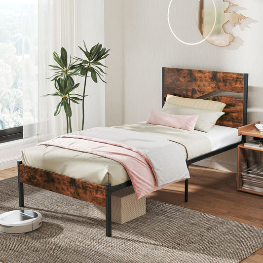 Metal Bed Frame With Wooden Headboard, Twin Size, Rustic Brown Simple Bed Frame Rustic Brown at Gallery Canada