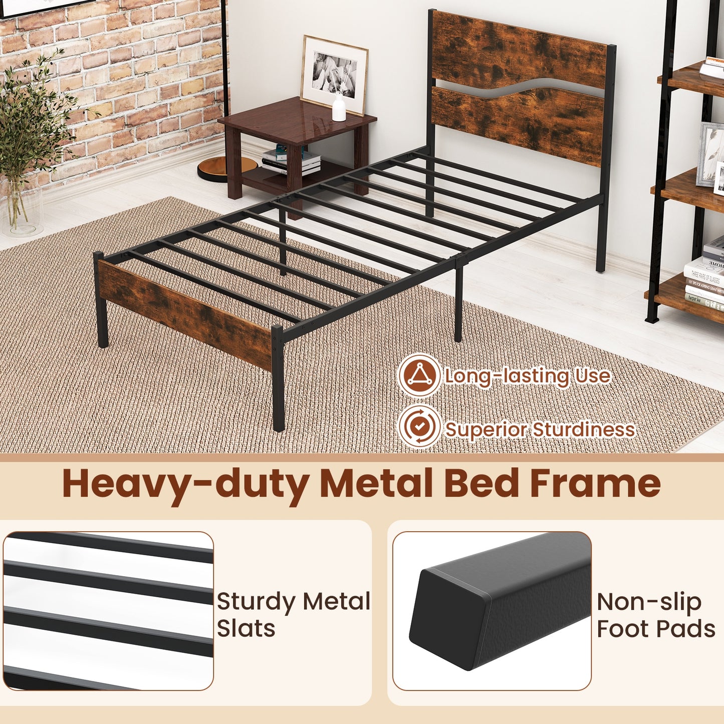Metal Bed Frame With Wooden Headboard, Twin Size, Rustic Brown Simple Bed Frame at Gallery Canada