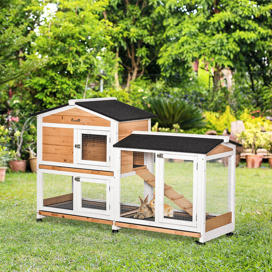 62" Wooden Rabbit Hutch with Wheels, Run Box, Tray, Ramp, Yellow Rabbit Hutch White, Yellow at Gallery Canada
