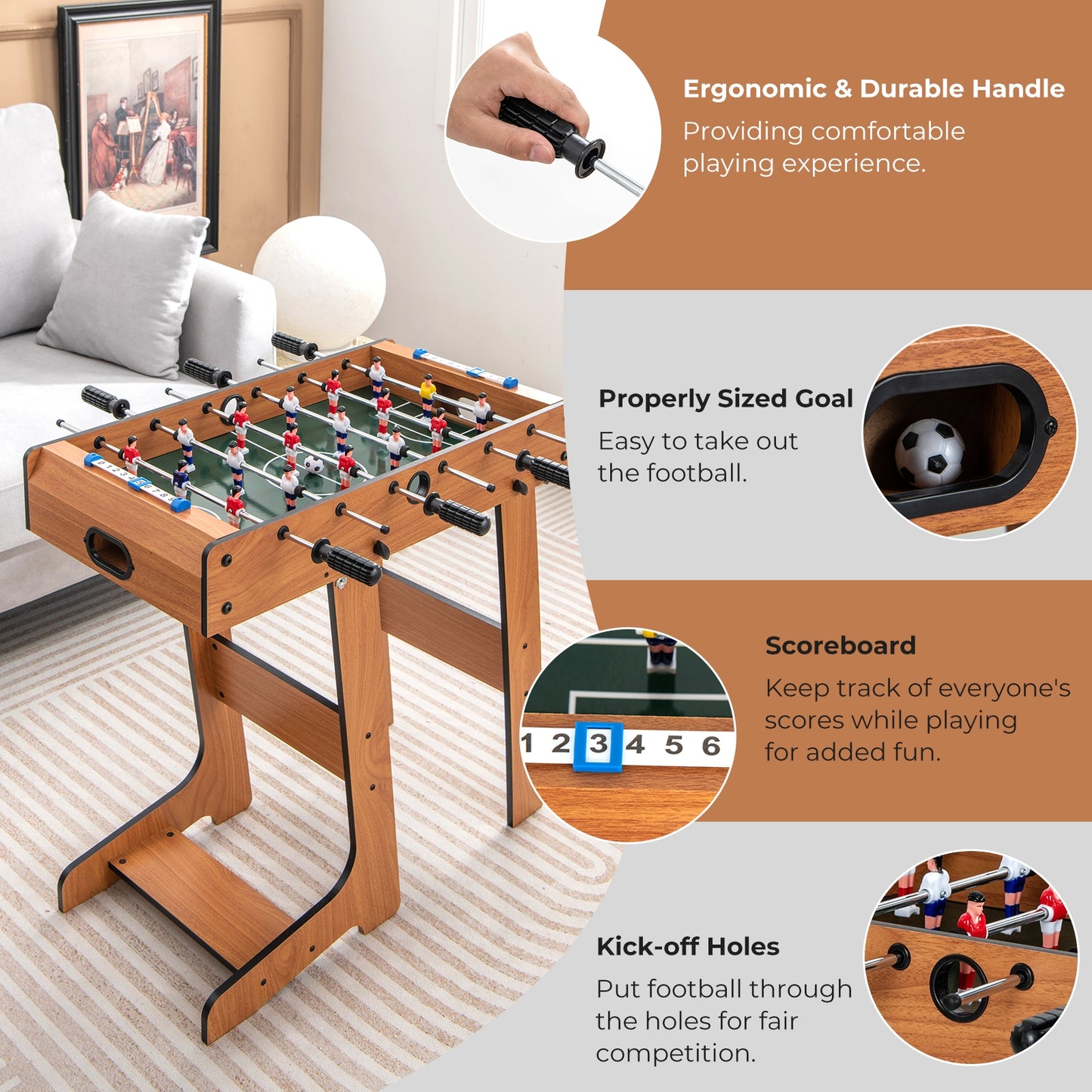 Space Saving Table Football, Durable Handle, 2 Footballs, Brown Game Room at Gallery Canada