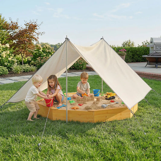 Wooden Kids Sandbox With Large Canopy, 4 Bench Seats, Bottom Liner, Yellow Sandboxes & Accessories Yellow, Grey, Black at Gallery Canada