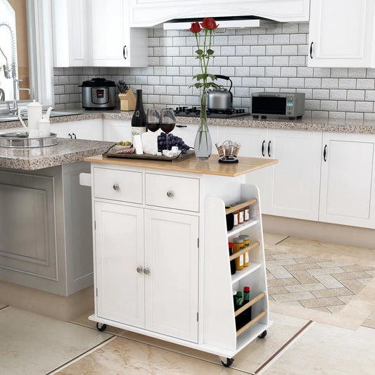 Rolling Kitchen Island Cart, Rubber Wood Top, 3-Tier Spice Rack, White Kitchen Islands & Kitchen Carts White, Nature at Gallery Canada