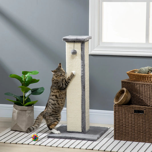 32" Tall Cat Scratching Post, Sisal Scratcher with Hanging Ball, Grey Cat Posts Grey, Cream White at Gallery Canada